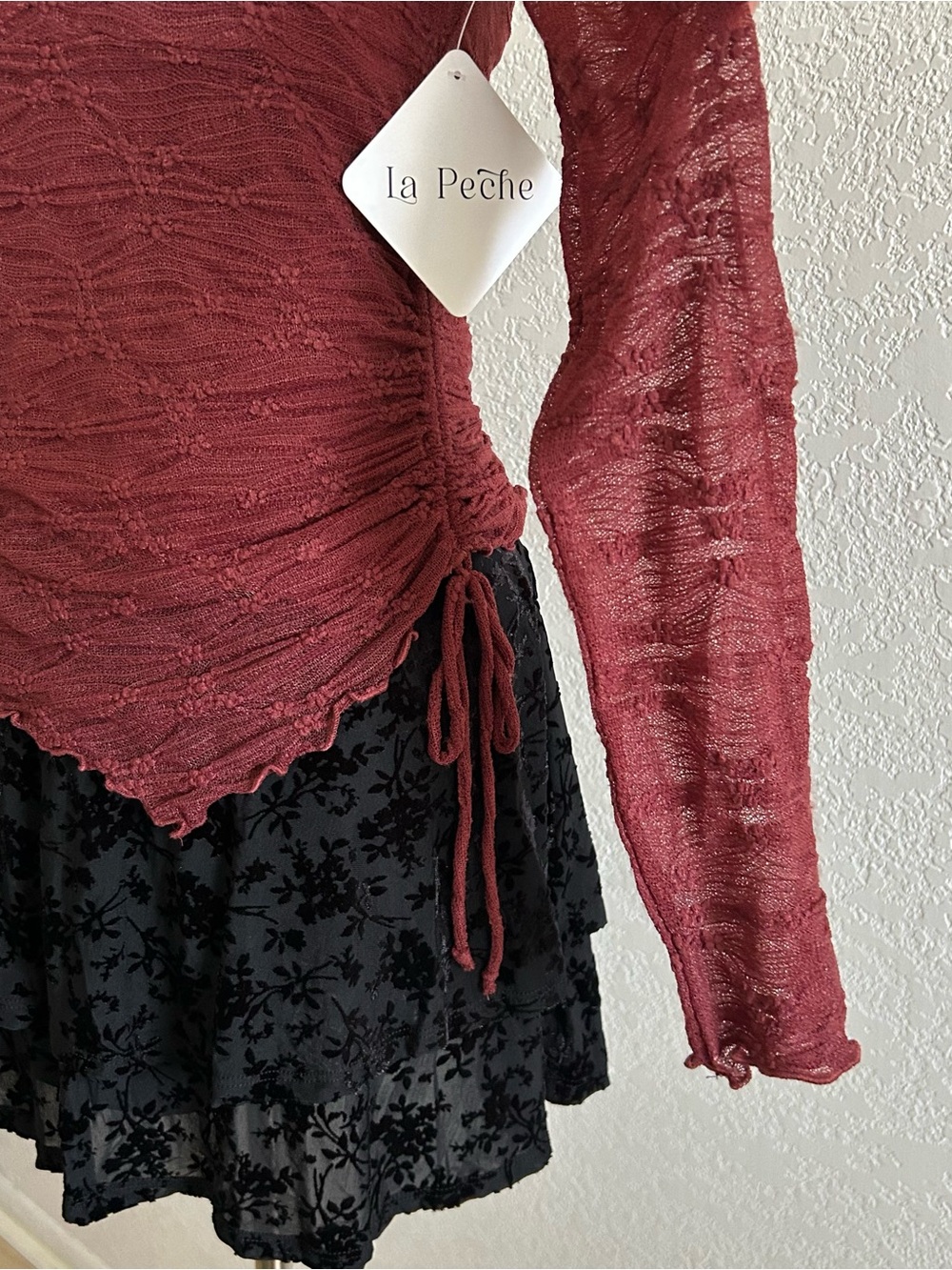 La Peche Whimsigoth Y2K Style Burgundy Asymmetrical Lace Long Sleeve Blouse Top - Picture 4 of 8